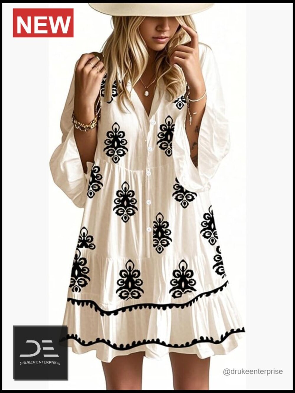 Flowy 3/4 Bell Sleeve V-Neck Tiered Boho Babydoll Mini Dress